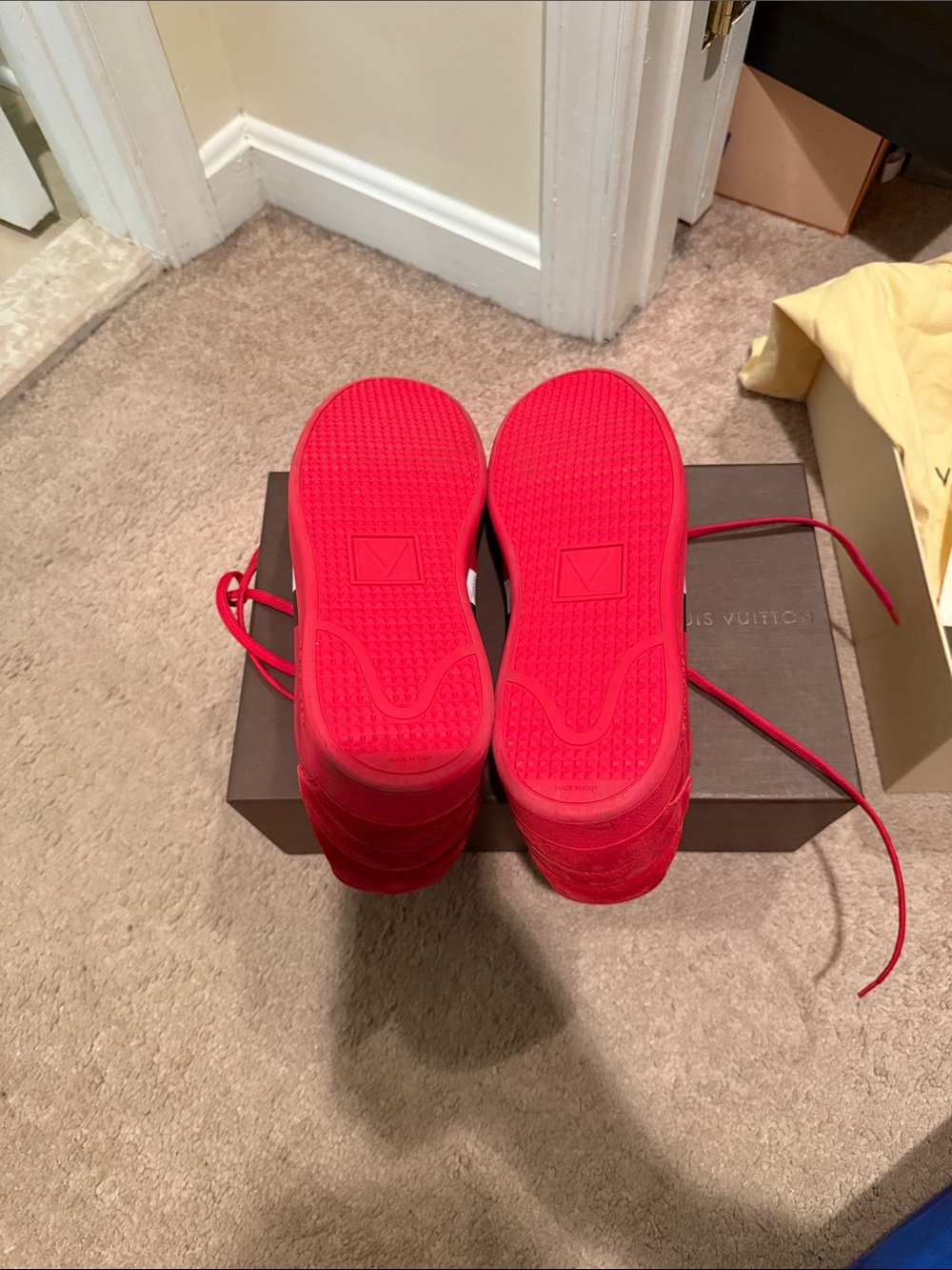 Louis Vuitton Red Sneaker with Black & White Stripe Accent - Picture 8 of 12